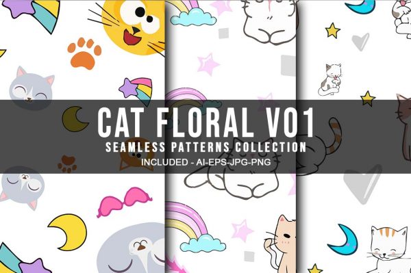 Cat Floral V01 Seamless Patterns Collection