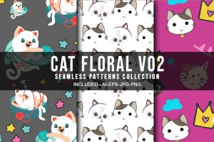 Cat Floral V02 Seamless Patterns Collection
