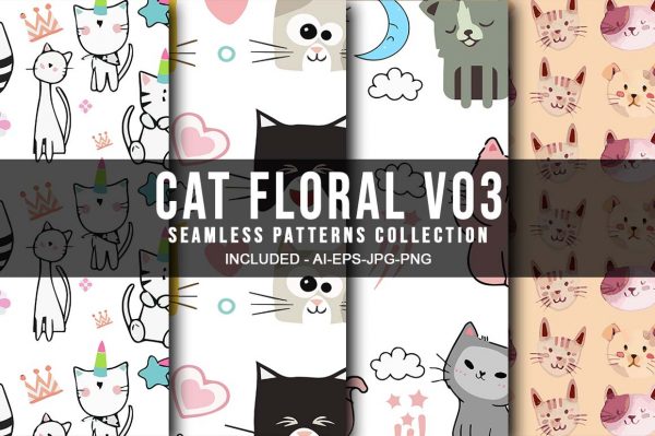 Cat Floral V013 Seamless Patterns Collection