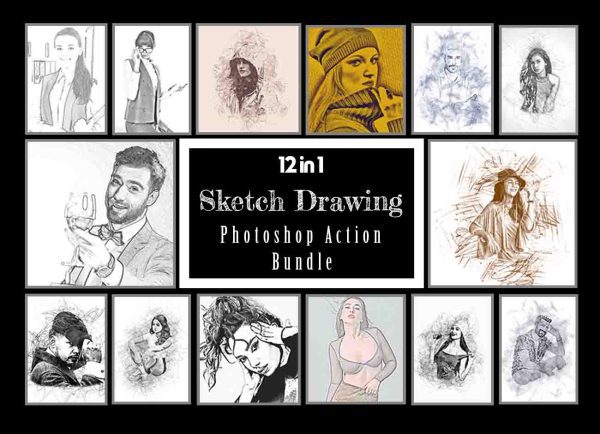 The 12 Sketch Drawing Photoshop Action Bundle