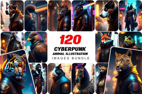 120+ Cyberpunk Animal Illustration Images Bundle