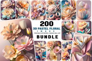 3D Pastel Floral Image 200 Printable Artworks, Canvas Wall Art Bundle