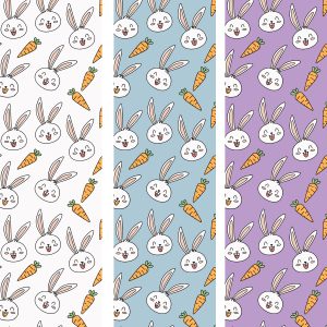 Colorful doodle pattern of rabbits, hares and carrots on white background 1