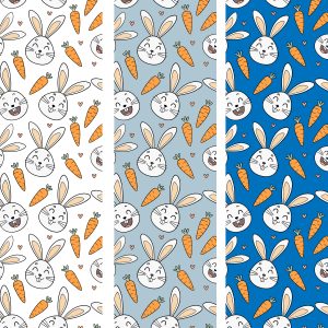 Colorful doodle pattern of rabbits, hares and carrots on white background 2