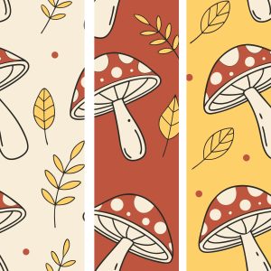 Fun hippie line art with hearts, mushrooms, and peace symbols, retro