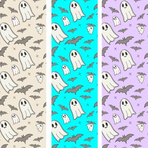 Halloween Background. Halloween seamless pattern. Vintage ghosts with bats silhouettes isolated on white background. Vector illustration 1