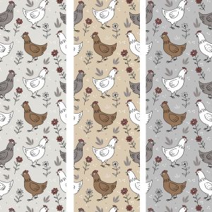 Hand draw cartoon chicken, hens, roosters birds seamless pattern, cottage country life style repeating background. Cute design for wrapping paper, textile, fabric. light grey background