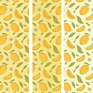 Illustration pattern of mango fruit and pieces on soft yellow background. 2