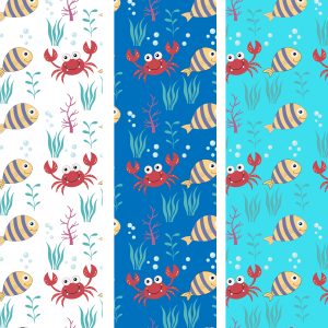 Seamless pattern with cute marine animals. Cartoon sea ornament. Colorful background with ocean underwater characters. 1