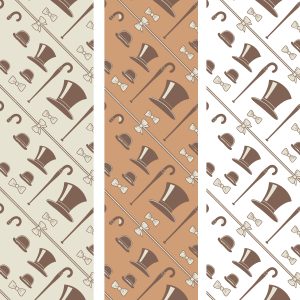 Seamless repeating pattern of hats, canes, pipes, and bow ties on beige background 2